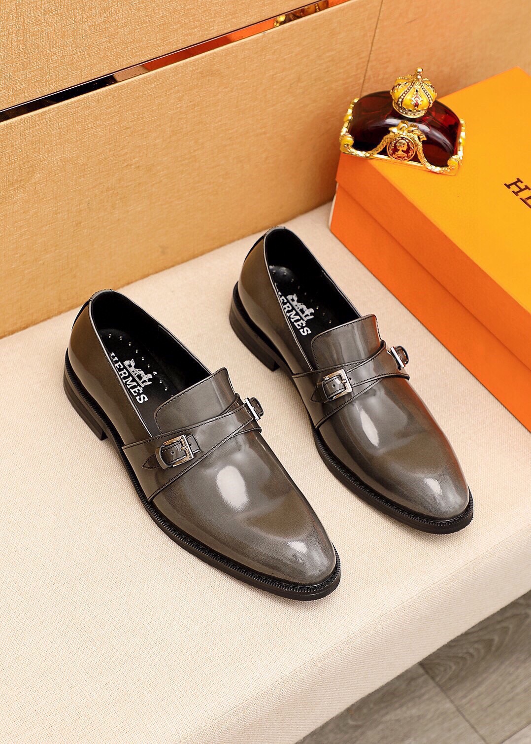 Hermes Leather Monk Strap Loafers, Gray Leather Upper, Buckle Detail 1 Hermes Leather Monk Strap Loafers, Gray Leather Upper, Buckle Detail