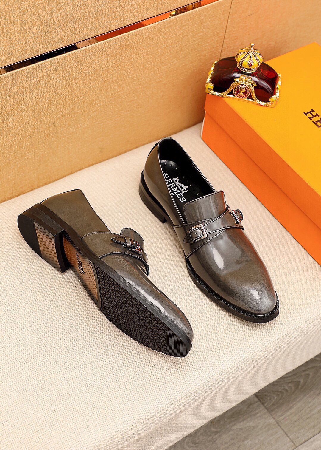 Hermes Leather Monk Strap Loafers, Gray Leather Upper, Buckle Detail 4 i1745801716 8915 2