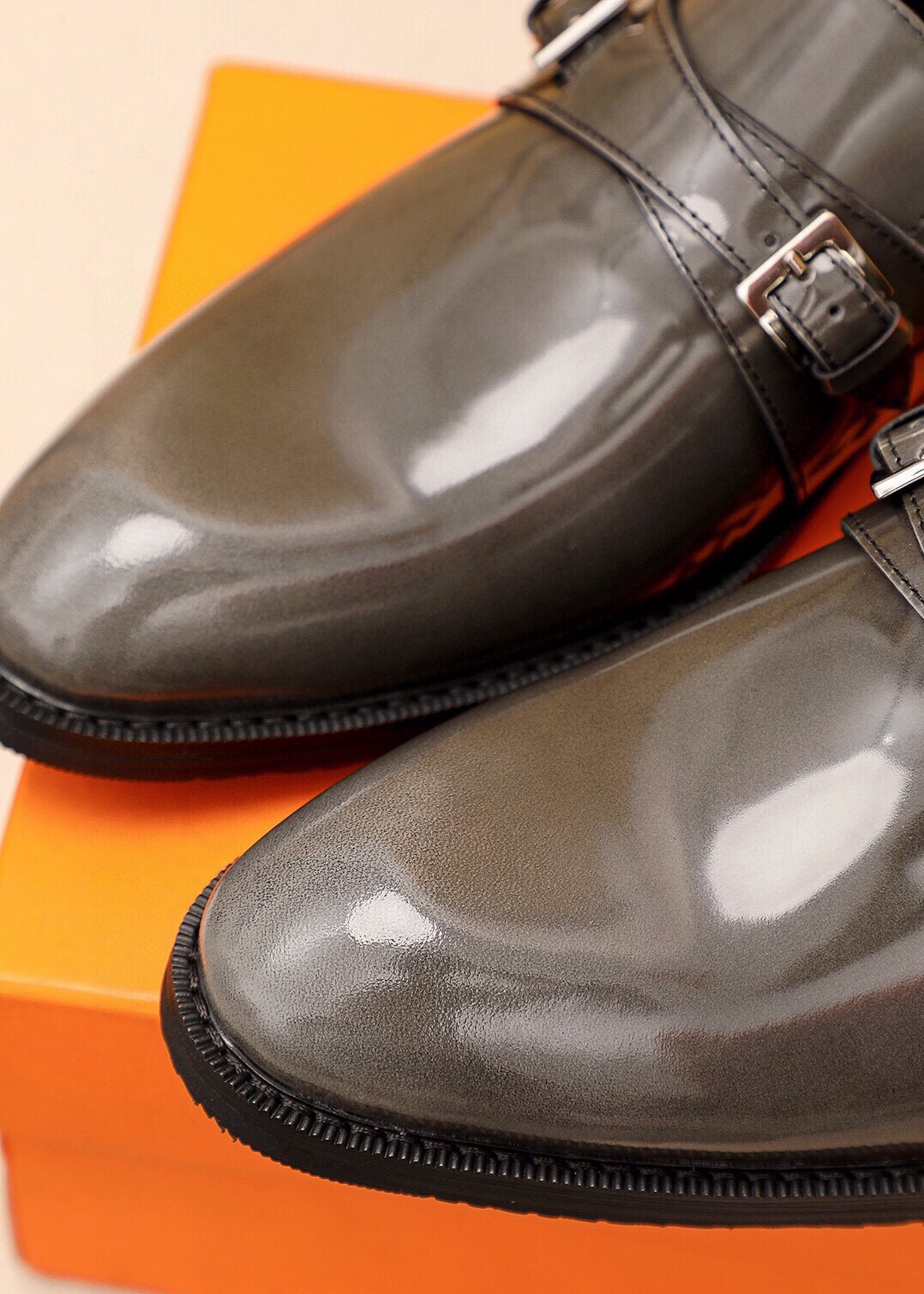 Hermes Leather Monk Strap Loafers, Gray Leather Upper, Buckle Detail 8 i1745801716 9258 6