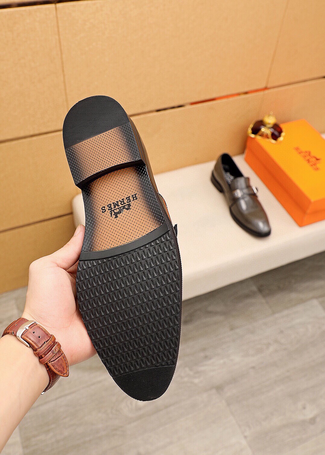 Hermes Leather Monk Strap Loafers, Gray Leather Upper, Buckle Detail 10 i1745801716 9619 8