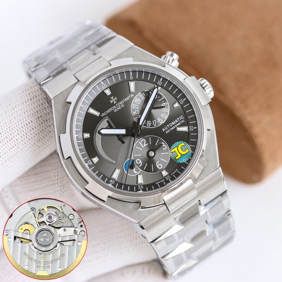 NO:149260,[9F Factory New Product] Vacheron Constantin VC Zongheng Sihai (47450) multi-functional men's automatic mechanical watch!  MIYOTA machine heart-changing all-in-one machine has 28,800 oscillations per hour, and its power reserve is 40 hours!  The watch is 42 mm in diameter, the case thickness is 12, the dense bottom cover design, and the waterproof depth is meter!  316 stainless steel, sapphire glass, watch strap with optional belt, tape, steel strap, and clasp folding buckle!  [Introduction to the dial function layout] The kinetic energy storage function display at 10 o'clock, the calendar function display at 2 o'clock, the second time zone function display at 6 o'clock, and the 24-hour day and night function display at 7-8 o'clock!  , vacheron19860909【9F Factory 新品】江诗丹顿VC纵横四海(47450)多功能男士自动机械腕表！ MIYOTA机心改一体机28800每小时震荡次数,动力储存40小时！表经42毫米,表壳厚度12,密底底盖设计,防水深度米！316精钢,蓝宝石玻璃,表带可选皮带、胶带、钢带,表扣折叠扣！【表盘功能布置介绍】10点位的动能储存功能显示, 2点位的日历功能显示,6点位第二时区功能显示,7-8点位24小时昼夜功能显示！,,vacheron,Watch