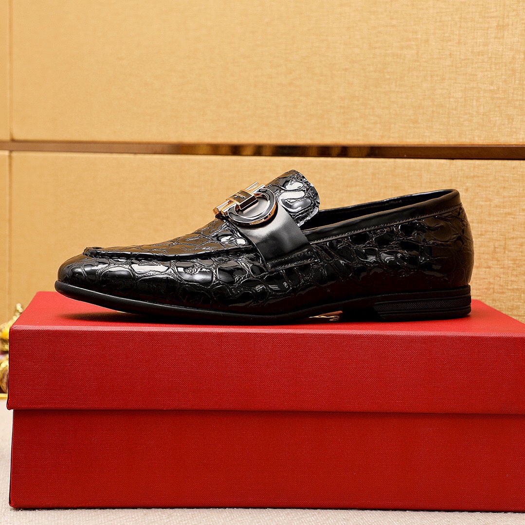 Ferragamo Men's Black Embossed Leather Loafers with Metal Hardware - Size 39-44 6 i1745889028 5725 4