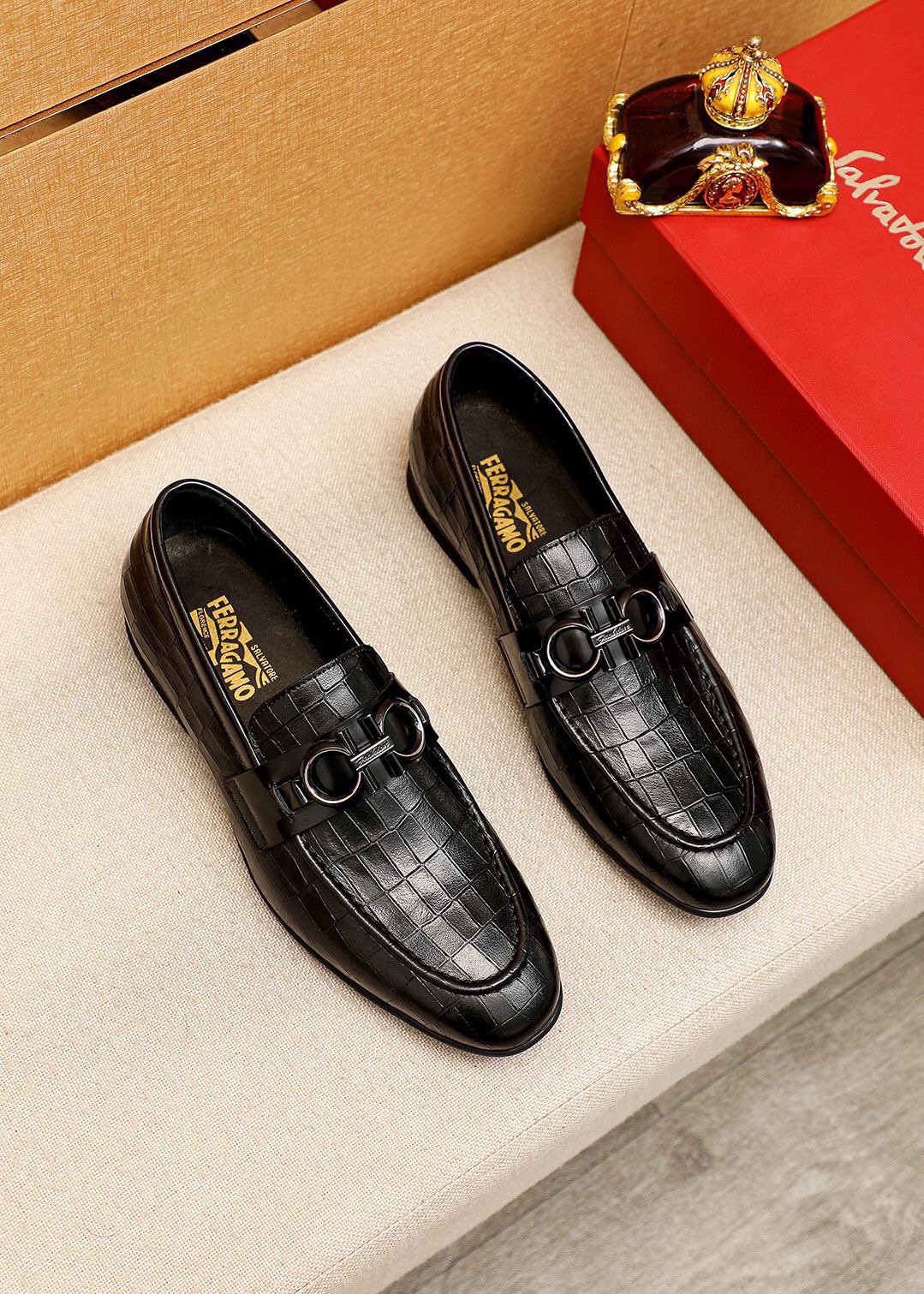Ferragamo Men's Black Embossed Leather Loafers with Metal Hardware - Size 39-44 1 Ferragamo Men's Black Embossed Leather Loafers with Metal Hardware - Size 39-44
