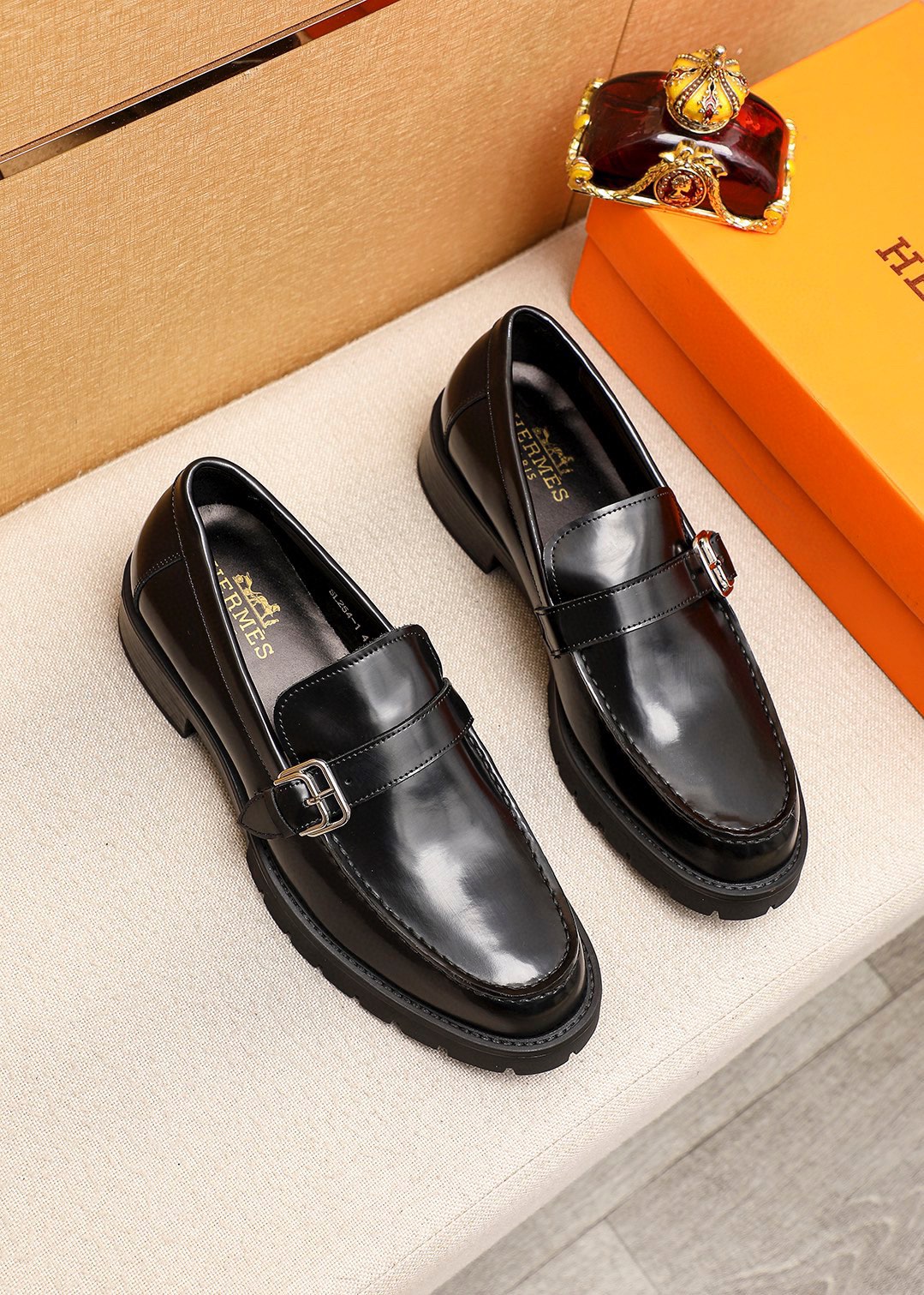 Hermes Men's Black Leather Loafers with Buckle Detail - Sizes 38-44 1 Hermes Men's Black Leather Loafers with Buckle Detail - Sizes 38-44