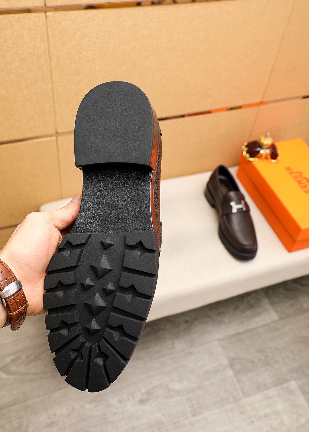 Hermes Men's Brown Leather Loafers with Metal Buckle Accent, Size 39-44 10 i1745889674 3596 8