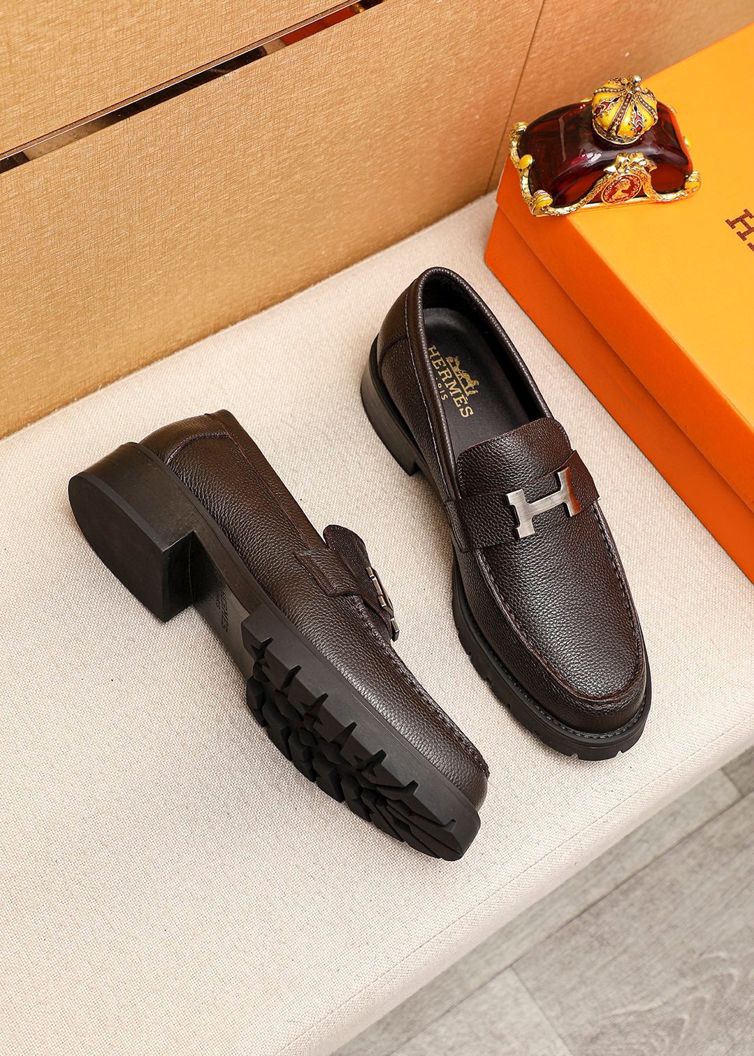 Hermes Men's Brown Leather Loafers with Metal Buckle Accent, Size 39-44 4 i1745889674 4846 2