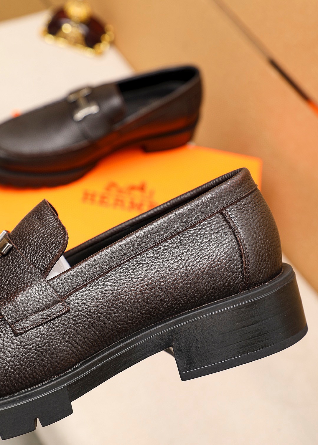 Hermes Men's Brown Leather Loafers with Metal Buckle Accent, Size 39-44 8 i1745889674 5646 6