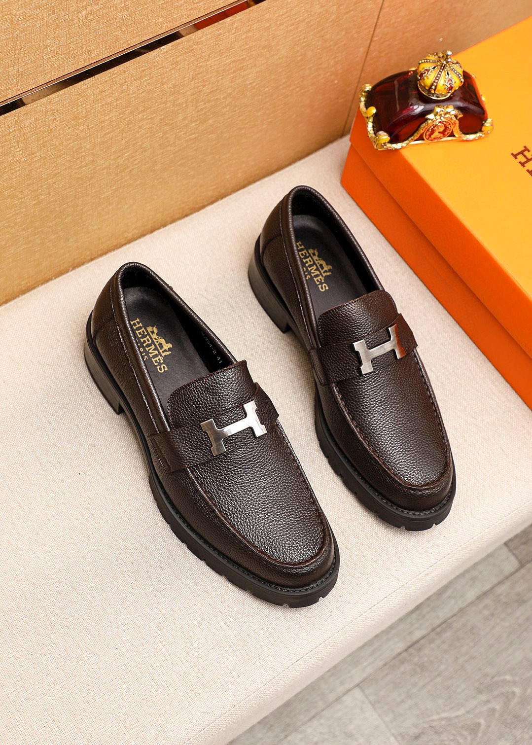 Hermes Men's Brown Leather Loafers with Metal Buckle Accent, Size 39-44 2 i1745889674 7221 0