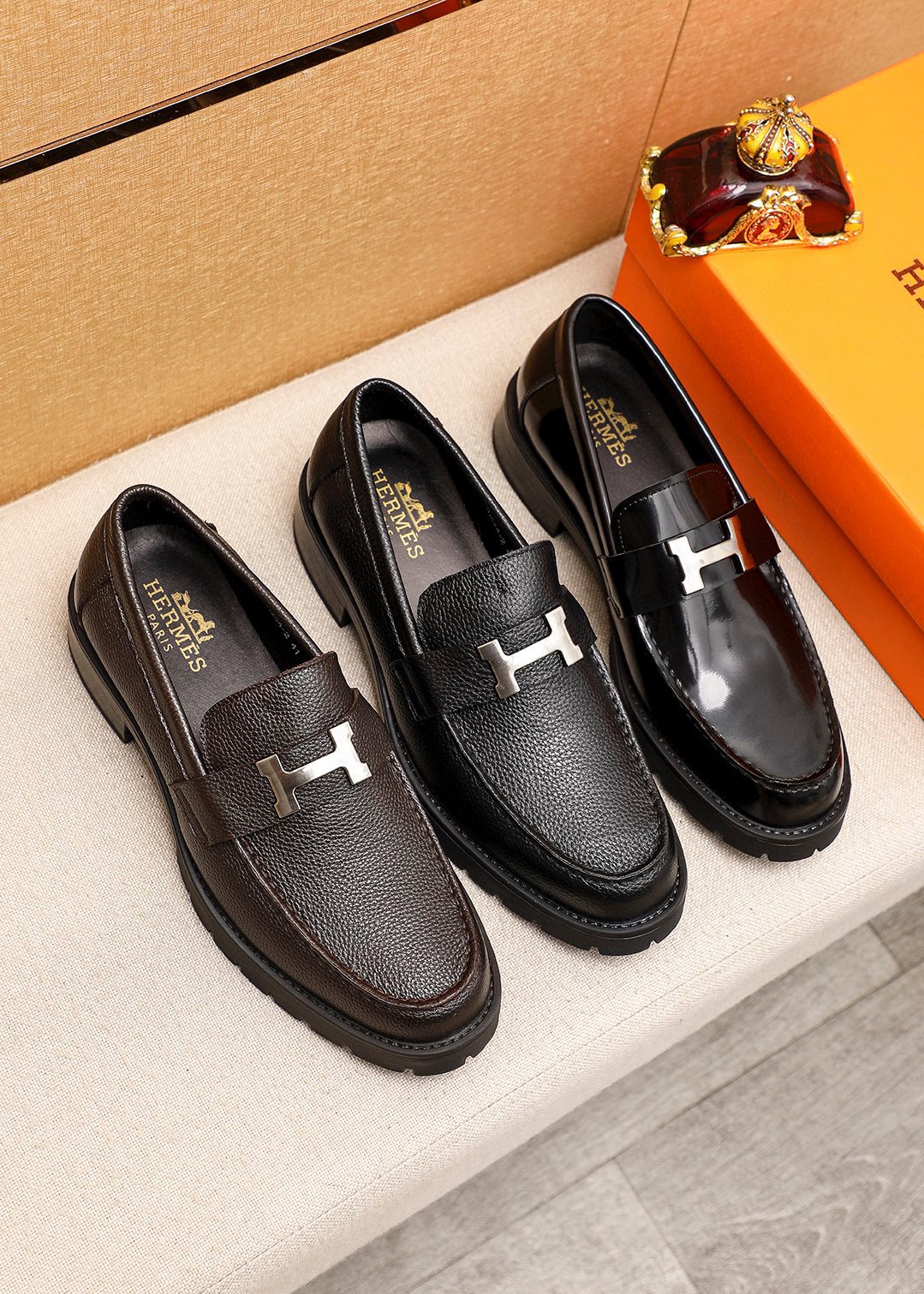 Hermes Men's Brown Leather Loafers with Metal Buckle Accent, Size 39-44 6 i1745889674 7428 4