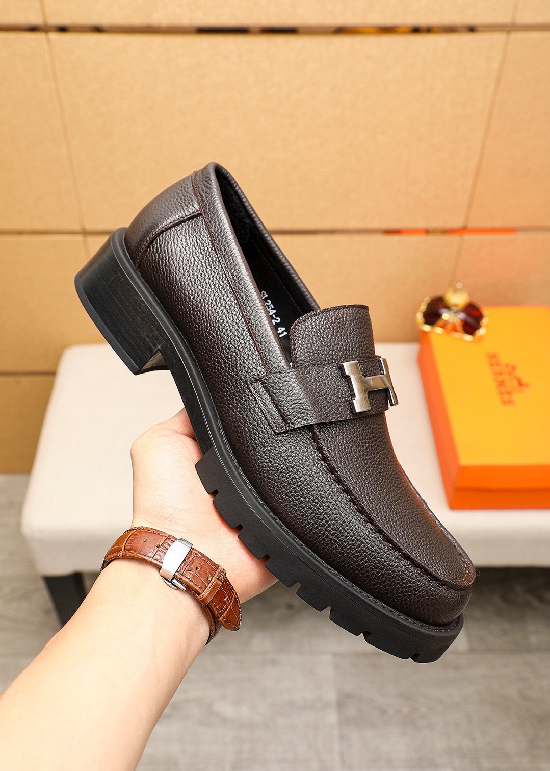 Hermes Men's Brown Leather Loafers with Metal Buckle Accent, Size 39-44 7 i1745889674 780 5