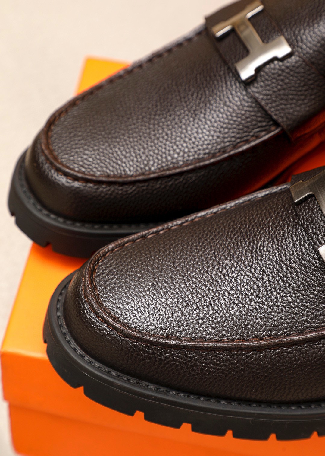 Hermes Men's Brown Leather Loafers with Metal Buckle Accent, Size 39-44 9 i1745889674 7899 7