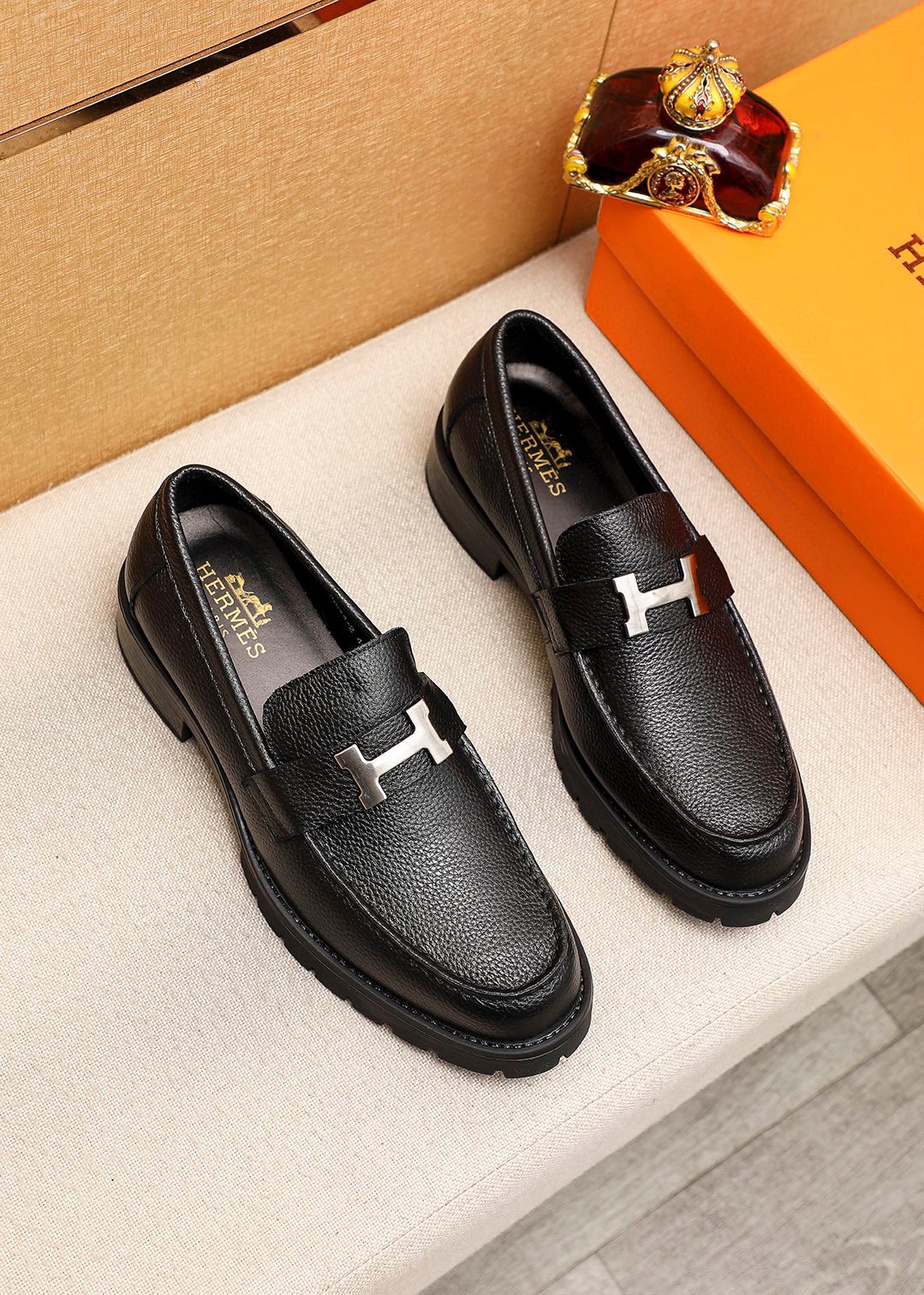 Hermes Men's Black Leather Loafers with Silver Hardware, Size 38-44 1 Hermes Men's Black Leather Loafers with Silver Hardware, Size 38-44