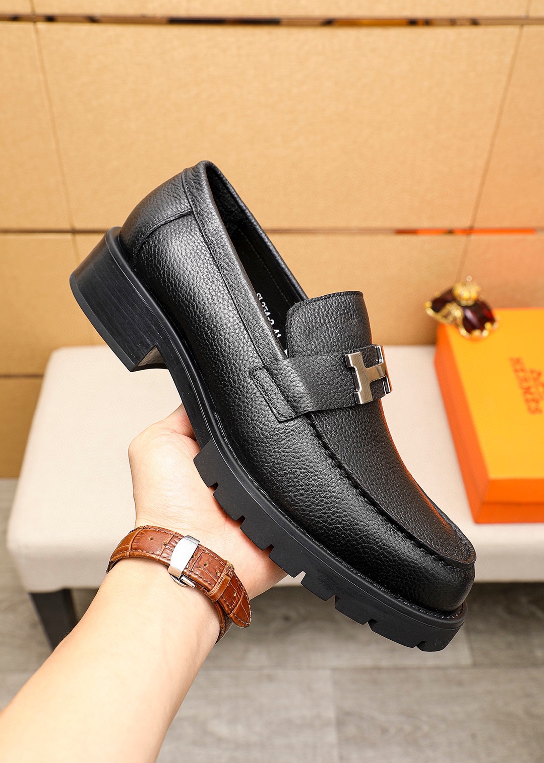 Hermes Men's Black Leather Loafers with Silver Hardware, Size 38-44 6 i1745889722 8823 4