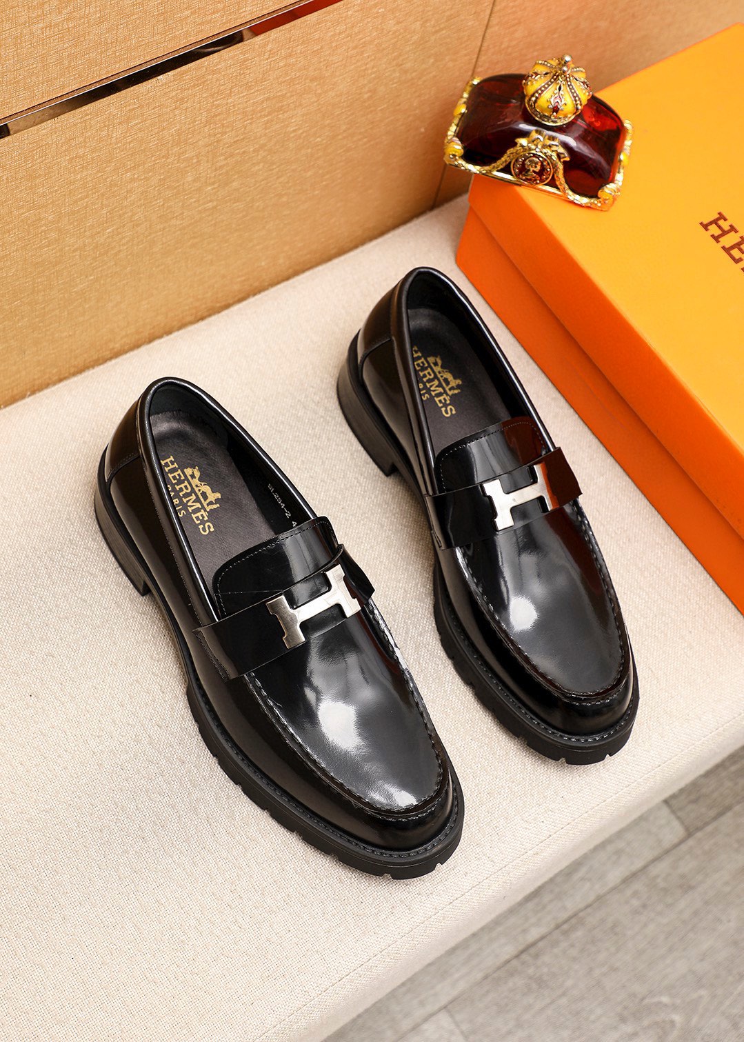 Hermes Men's Black Leather Penny Loafers with Silver-Tone Hardware 2 i1745889782 1980 0