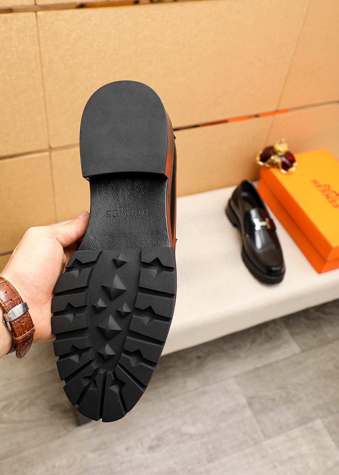 Hermes Men's Black Leather Penny Loafers with Silver-Tone Hardware 10 i1745889782 2223 8