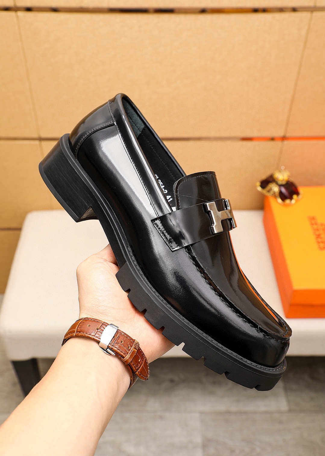 Hermes Men's Black Leather Penny Loafers with Silver-Tone Hardware 6 i1745889782 8155 4