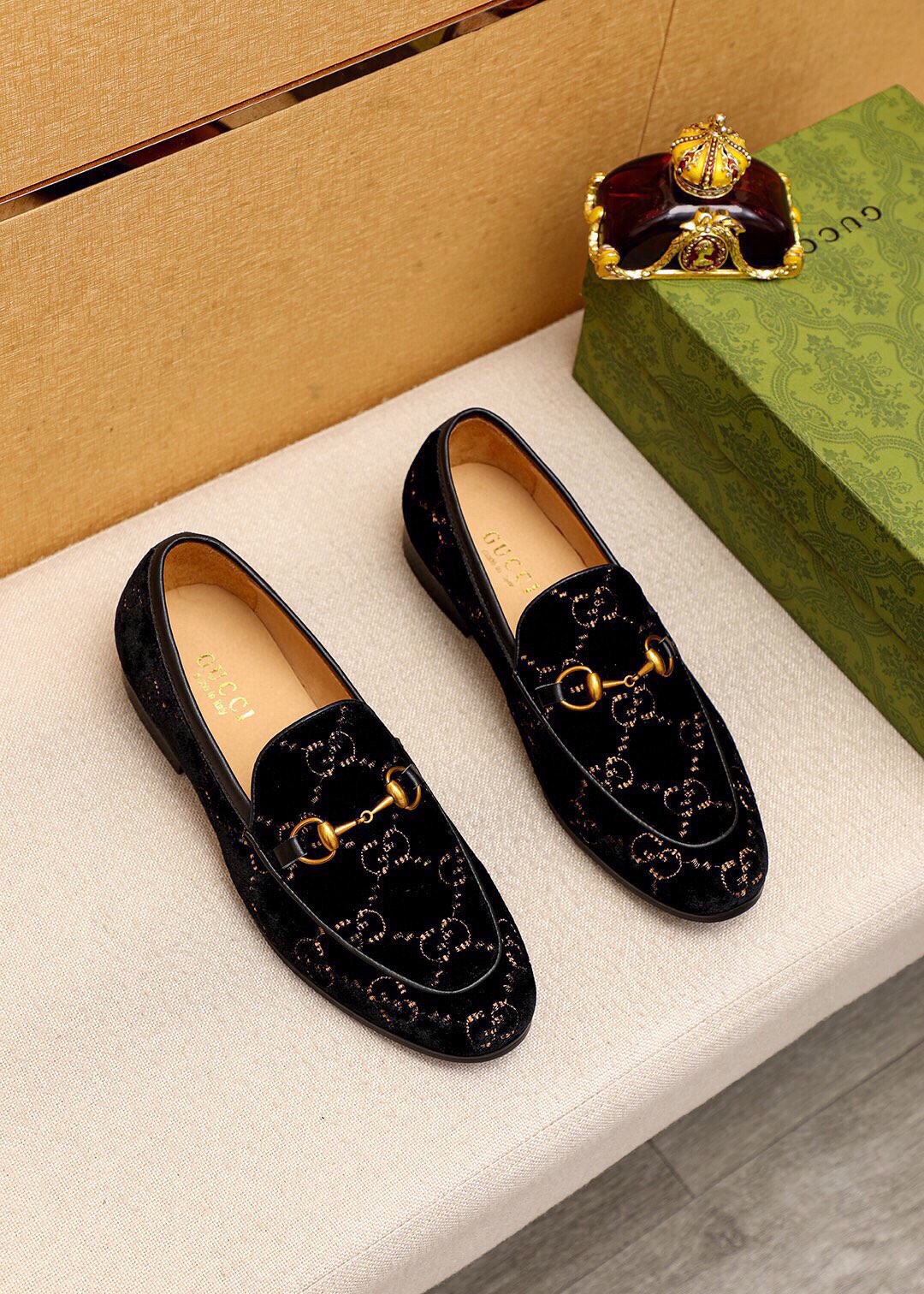 Gucci Men's Black Velvet Loafer with Gold Horsebit Detail, Size 38-44 1 Gucci Men's Black Velvet Loafer with Gold Horsebit Detail, Size 38-44