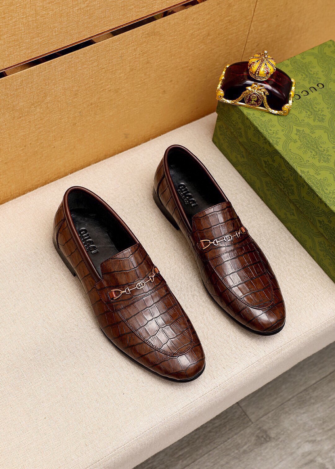 Gucci Brown Leather Loafers with Crocodile Embossed and Horsebit Detail 1 Gucci Brown Leather Loafers with Crocodile Embossed and Horsebit Detail