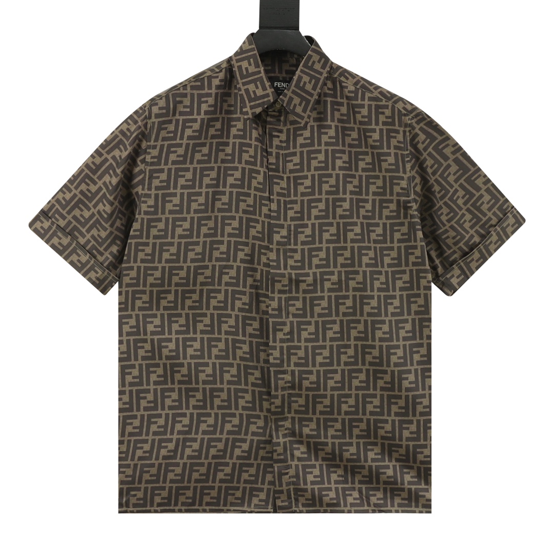 FENDI芬迪 FD conjunto de camisa de manga corta con estampado completo FF, lyocell personalizado, jacquard con letras dobl…