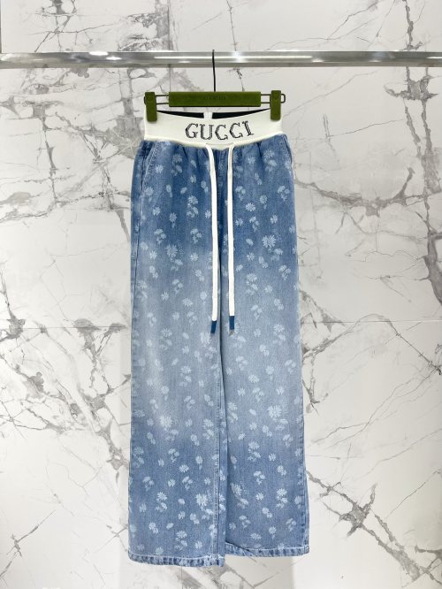 Gucci Floral Print Denim Wide Leg Pants High Waist Drawstring Trousers 1 Gucci Floral Print Denim Wide Leg Pants High Waist Drawstring Trousers
