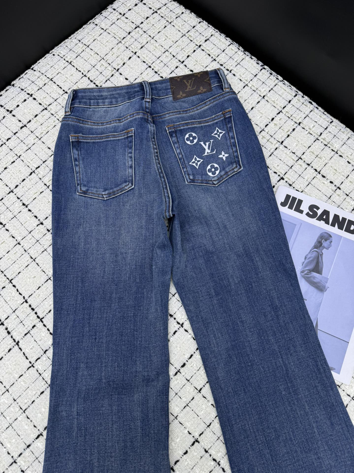 louis vuitton monogram embroidered flared jeans