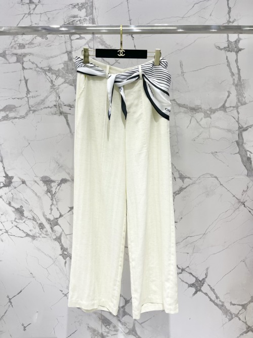 Chanel High-Waisted Linen Wide-Leg Pants with Scarf Tie - Summer Style 1 Chanel High-Waisted Linen Wide-Leg Pants with Scarf Tie - Summer Style