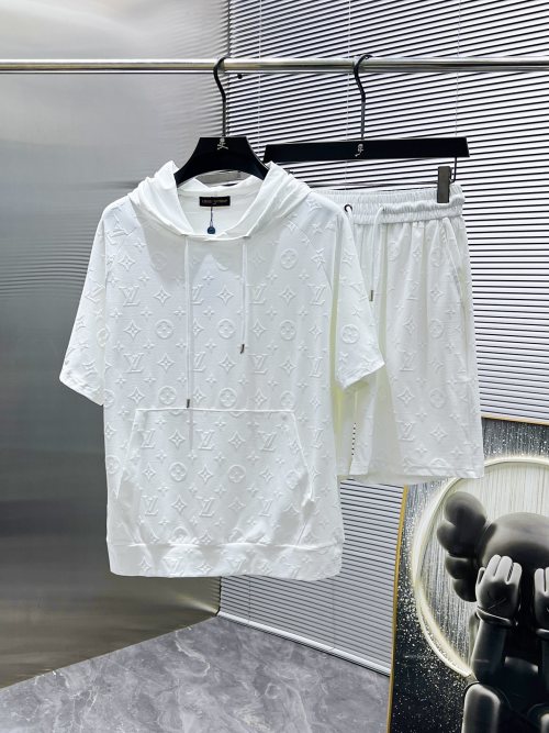 Louis Vuitton 2025 Summer White Embossed Logo Hoodie and Shorts Set 1 Louis Vuitton 2025 Summer White Embossed Logo Hoodie and Shorts Set
