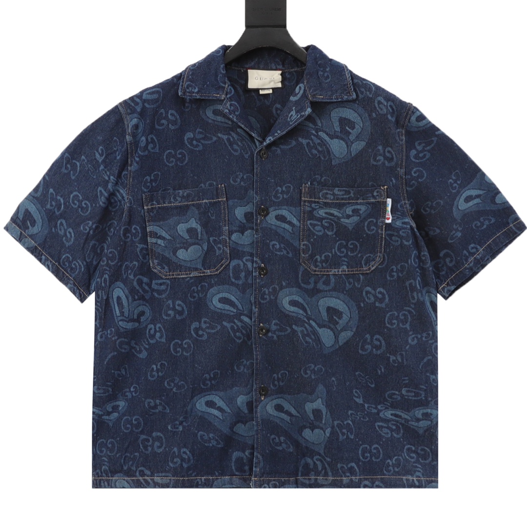 Gucci GC 25SS Liquid Heart Print Denim Short Sleeve Shirt