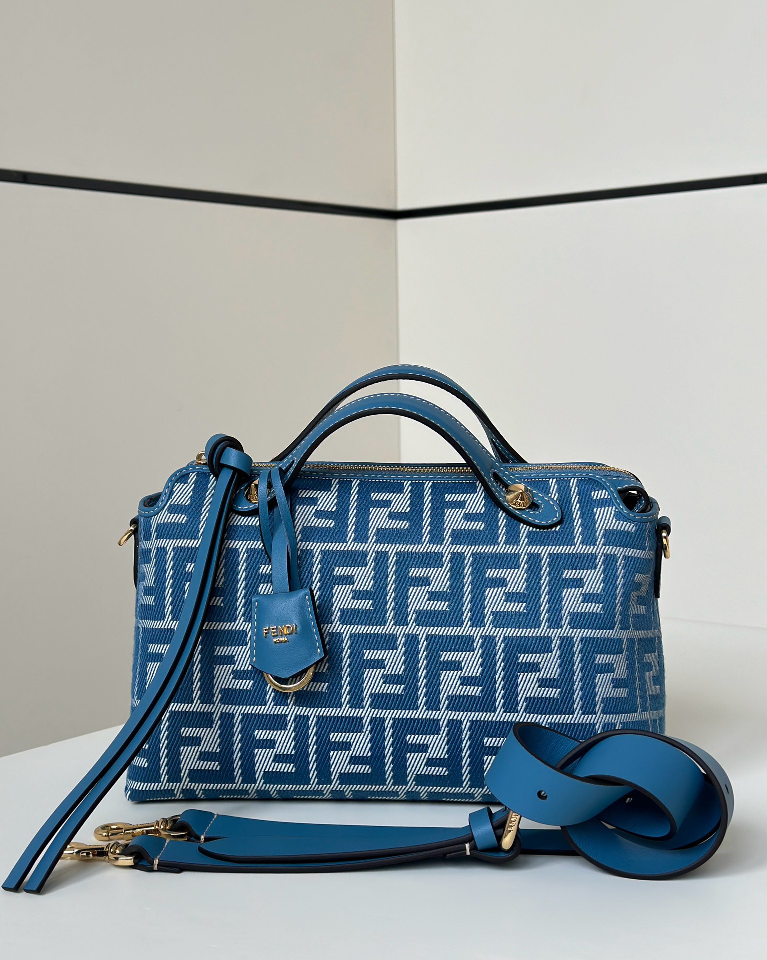 Fendi Boston Bag - Blue Denim Jacquard with FF Logo, Adjustable Strap 3 i1746434830 2584 1
