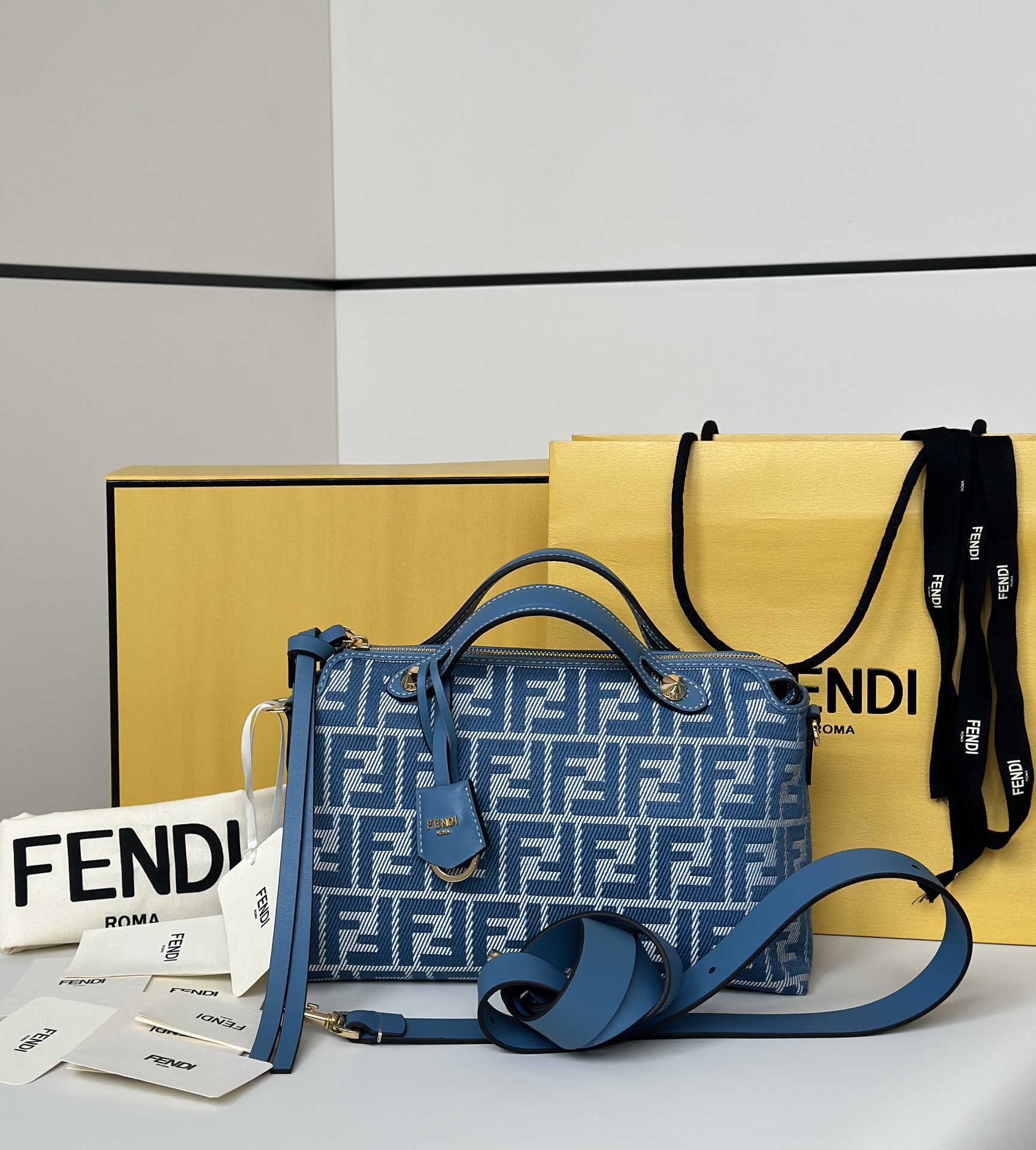 Fendi Boston Bag - Blue Denim Jacquard with FF Logo, Adjustable Strap 2 i1746434830 4515 0