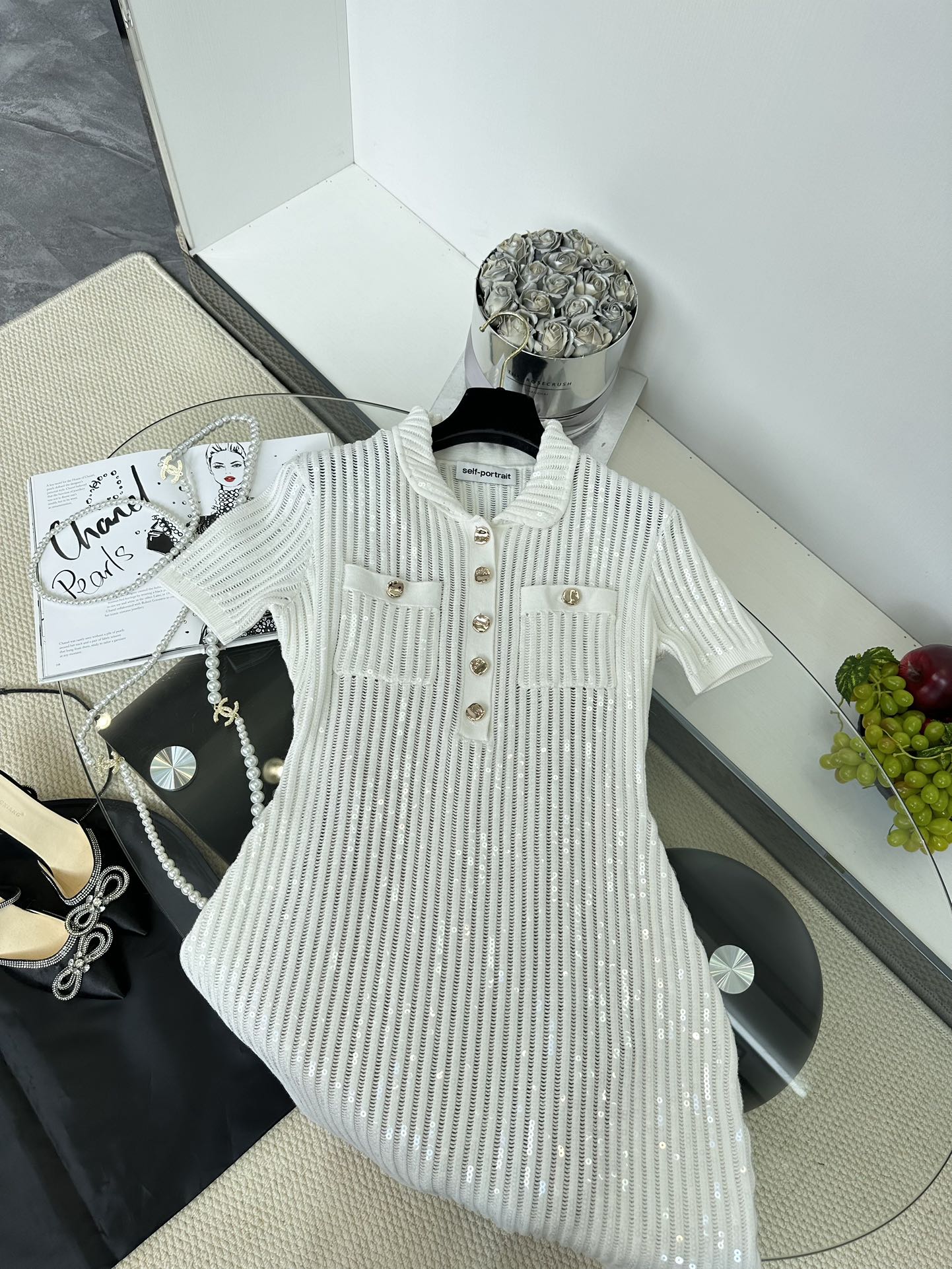 Sparkly White Midi Dress with Peter Pan Collar and Fitted Waist - Elegant Design 2 i1746465469 1892 0