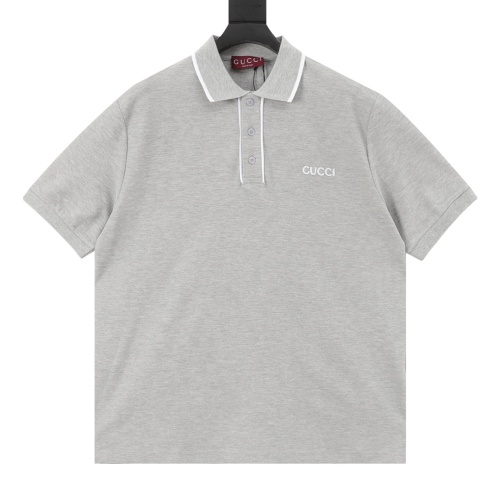 Gucci Men's Grey Polo Shirt with Contrast Collar and Embroidered Logo 1 Gucci Men's Grey Polo Shirt with Contrast Collar and Embroidered Logo