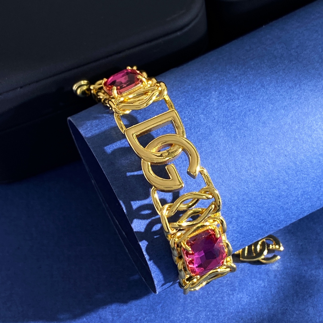 D&G Retrospect: Red Rectangular Bracelet with Green Diamond and Metallic Sensitized DG Letter