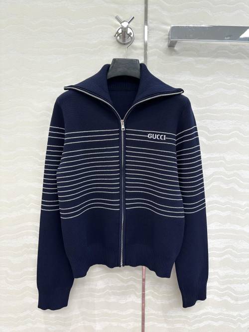 Gucci Navy Blue Knit Zip-Up Cardigan with White Striped Accents 1 Gucci Navy Blue Knit Zip-Up Cardigan with White Striped Accents