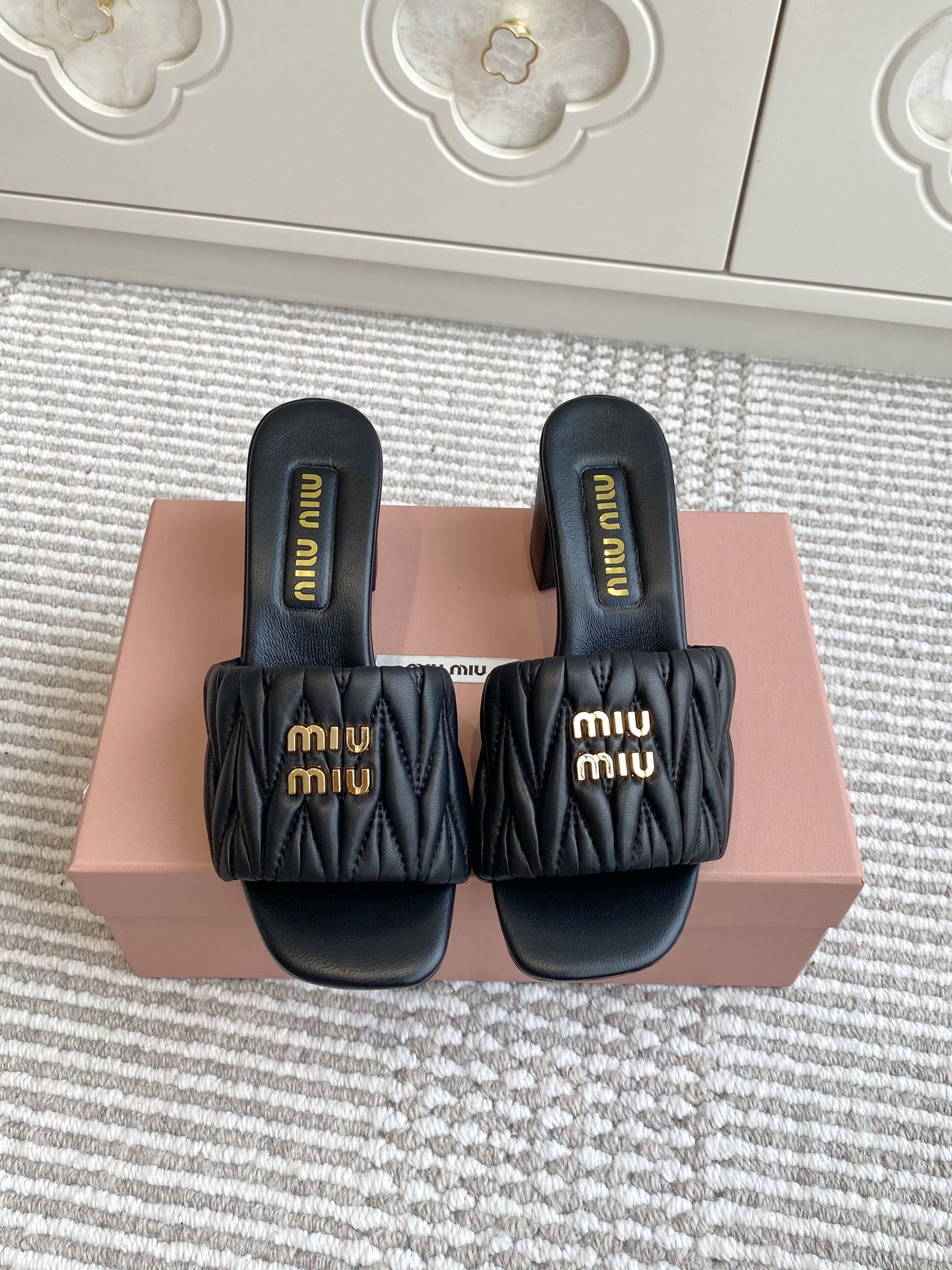 Miu Miu Women's Black Nappa Leather Quilted Heeled Sandals Slides