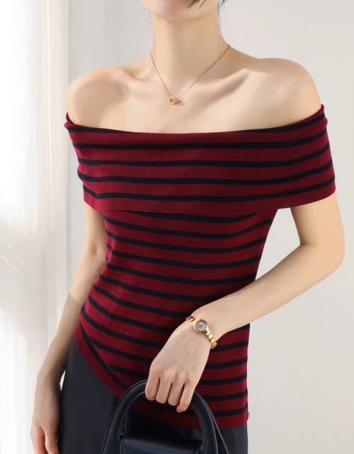 Striped Off-Shoulder Top - Fine Knitted Tencel, Modern Style, Comfortable Fit 1 Striped Off-Shoulder Top - Fine Knitted Tencel, Modern Style, Comfortable Fit