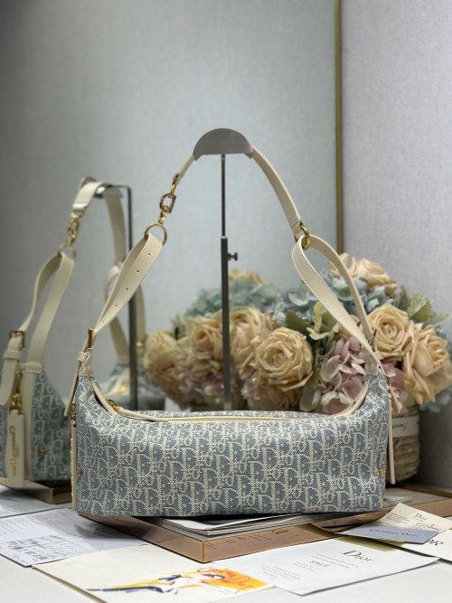 Dior D-Journey Medium Oblique Printed Handbag Gray with Leather Accents