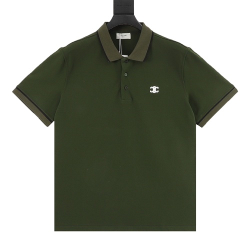 Celine Men's Classic Logo Embroidered Short Sleeve Polo Shirt, Military Green 1 Celine Men's Classic Logo Embroidered Short Sleeve Polo Shirt, Military Green