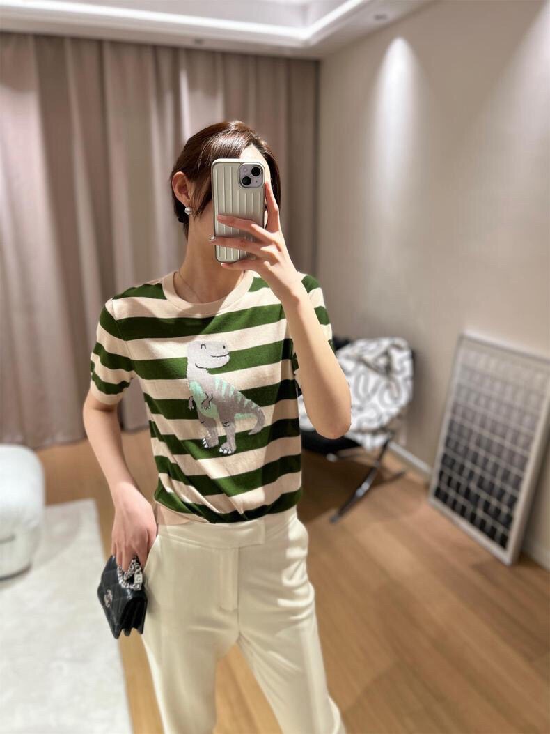 Striped Silk Blend T-Shirt with Dinosaur Embroidery, Casual Short Sleeve Top 2 i1746785632 2296 1