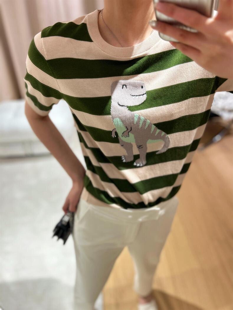 Striped Silk Blend T-Shirt with Dinosaur Embroidery, Casual Short Sleeve Top 3 i1746785632 3179 2
