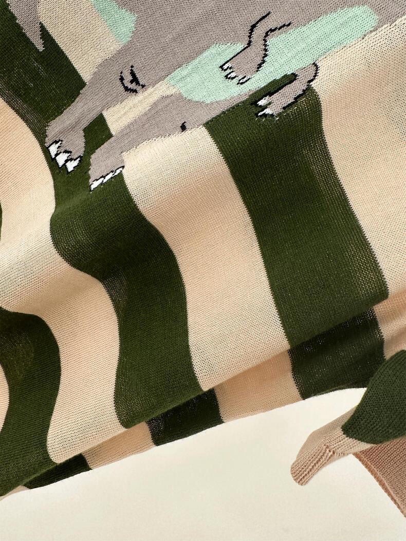 Striped Silk Blend T-Shirt with Dinosaur Embroidery, Casual Short Sleeve Top 5 i1746785632 4559 4