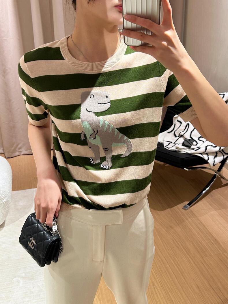 Striped Silk Blend T-Shirt with Dinosaur Embroidery, Casual Short Sleeve Top 1 i1746785632 4900 0
