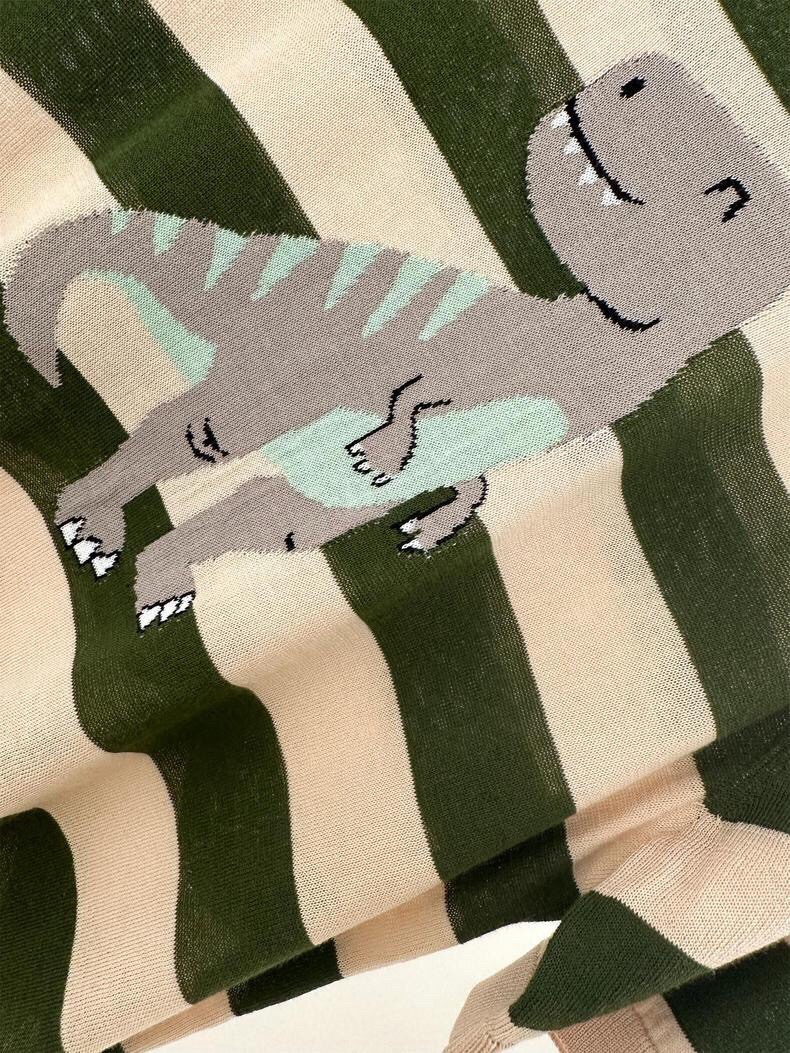 Striped Silk Blend T-Shirt with Dinosaur Embroidery, Casual Short Sleeve Top 6 i1746785632 5406 5