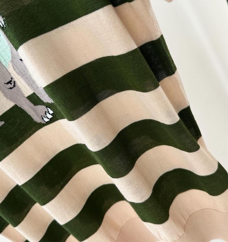 Striped Silk Blend T-Shirt with Dinosaur Embroidery, Casual Short Sleeve Top 4 i1746785632 7709 3