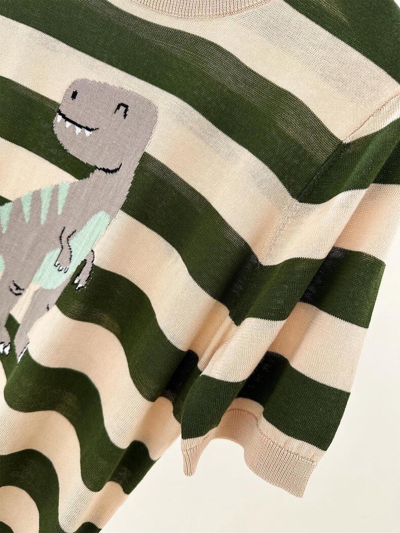 Striped Silk Blend T-Shirt with Dinosaur Embroidery, Casual Short Sleeve Top 8 i1746785632 9218 7