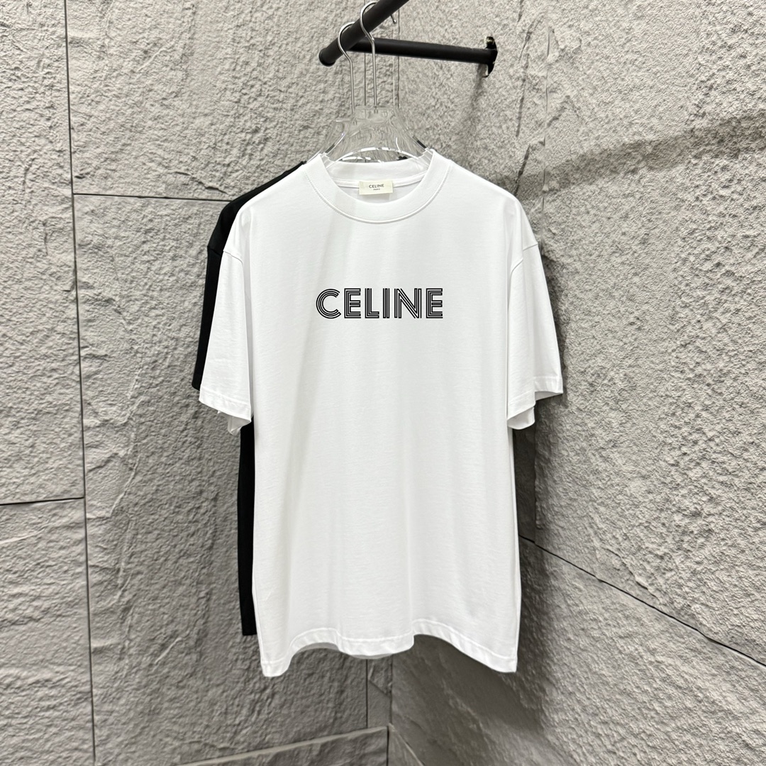 Celi*ne 塞琳 2025春夏款 简约字母 植绒工艺 个性logo 定制双纱平纹纯棉面料 短袖T恤 男女同款 尺码： S （90-130斤） M （120-150斤） L （140-165斤） XL （160-180斤） XXL （1…