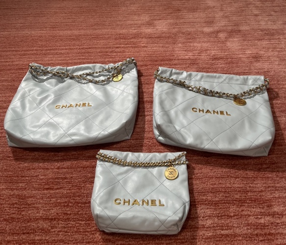 Chanel 22 Bag, Top-Quality Calfskin Leather, Pale Blue with Antique Gold Hardware 1 Chanel 22 Bag, Top-Quality Calfskin Leather, Pale Blue with Antique Gold Hardware