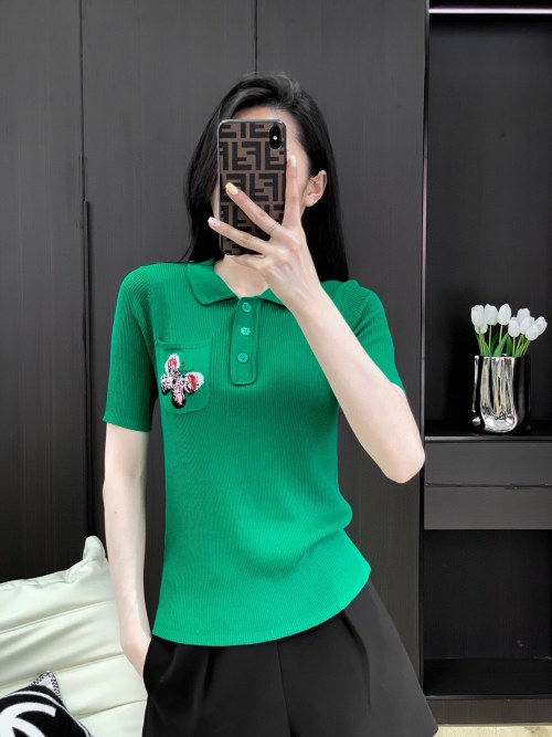 Embroidered Butterfly Pocket Knit T-Shirt Silk Blend Short Sleeve Top 1 Embroidered Butterfly Pocket Knit T-Shirt Silk Blend Short Sleeve Top