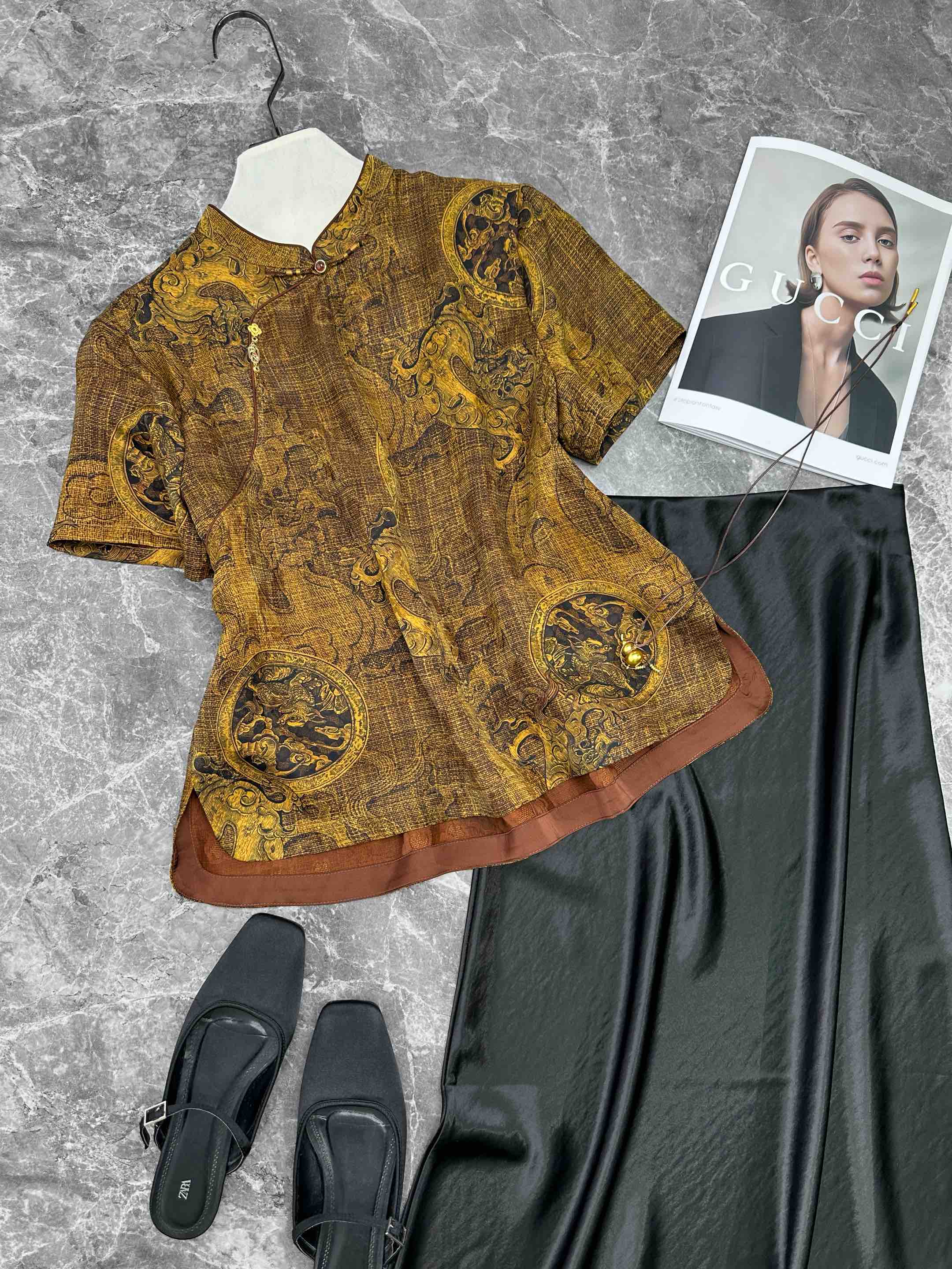 Elegant Dragon Print Silk Blouse, Chinese Style Top for Women, S-XL 1 i1747108204 3353 0