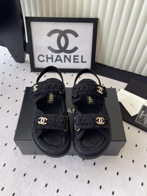 Chanel Black Crochet Lambskin Sandals, Beach Ready, Size 35-40 1 Chanel Black Crochet Lambskin Sandals, Beach Ready, Size 35-40